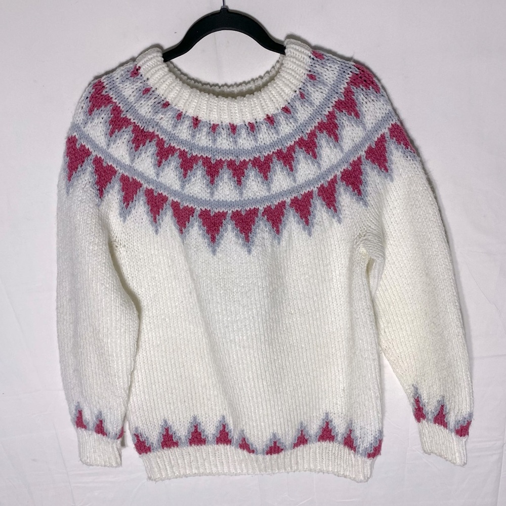 Vintage Handmade Hand Knit White Pink Fair Isle Crew Neck Sweater S Cottagecore